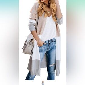 Long Color Block Cardigan Tan, White/Off-White and Gray